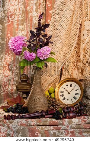 Still Life With Antique Clock And Pink Hydrangea