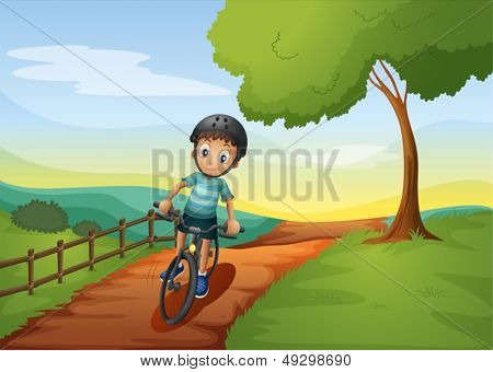 Illustratin de un chico que va a la granja con su bicicleta
