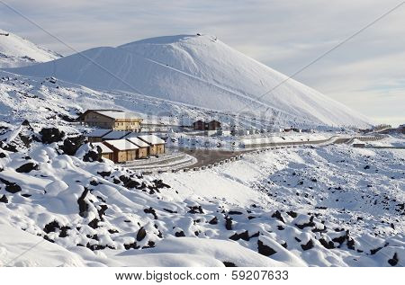 Silvestri Crater (2000 m.) covered by snow in Etna Park, Sicily  