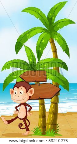 Illustration of a monkey dancing at the beach with arrowboards
