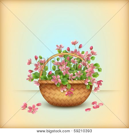 Spring wicker basket cherry flowers greeting card