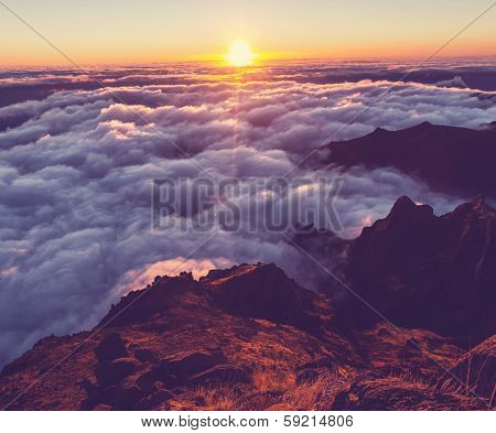 Pico Ruivo and Pico do Areeiro mountain peaks in  Madeira, Portugal
