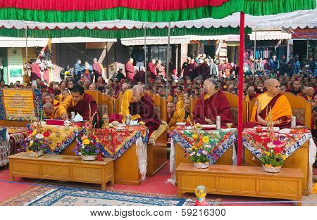 Nepal, Kathmandu, Boudhanath Stupa -17Th Of December 2013: Meditation Of Tibetan Buddhist Monks Duri