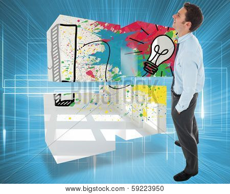 Happy businessman standing with hand in pocket against multiple geometric lights