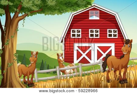 Illustration of the horses at the farm near the red barnhouse