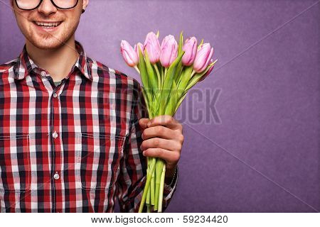 Man Clothing Hipster Holding A Bouquet Of Flowers For Valentine's Day Concept, Mothers Day, Birthday