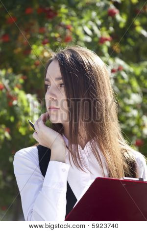 Werk van de jonge vrouw met pen in park