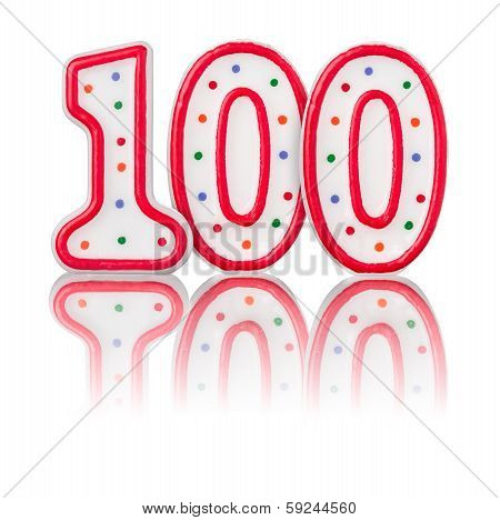 Red number 100 on a white background with reflection