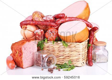 Lot of different sausages in basket isolated on white