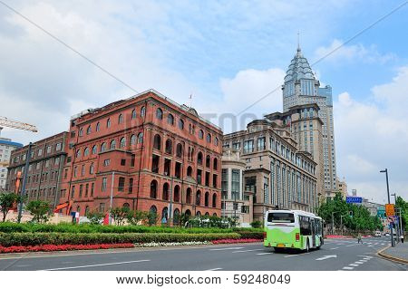Shanghai Waitan district with historic buildings and street