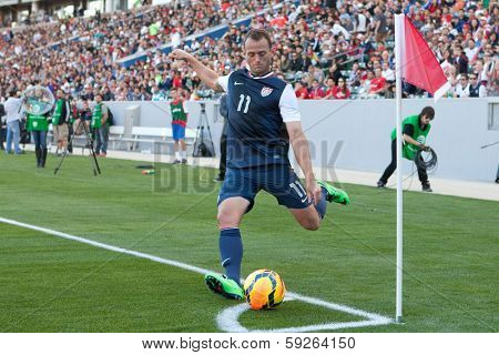 CARSON, CA. - FEB 01: USA M Brad Davis #11 in action during the U.S. mens national team soccer friendly against Korea Republic on Feb 1st 2014 at the StubHub Center in Carson, Ca.