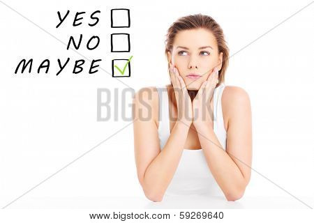 A picture of a young woman holding balloons over white background