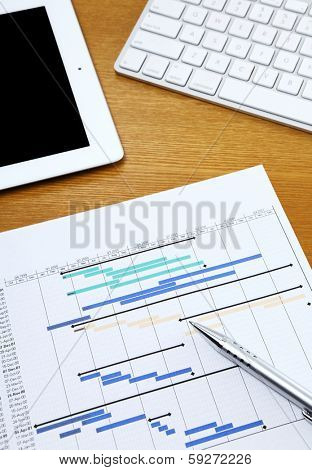 Project planning gantt chart with tablet and computer keyboard