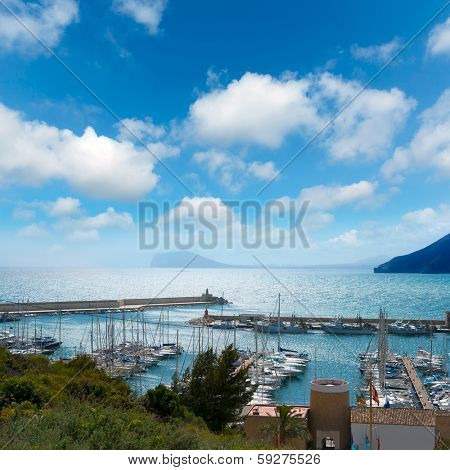 Moraira Club Nautico marina aerial view in Alicante Mediterranean sea of spain
