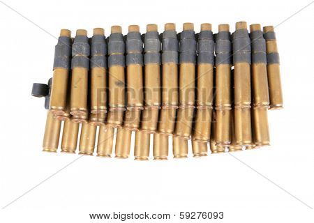 A genuine used military Machine gun ammunition belt.  isolated on white with room for your text