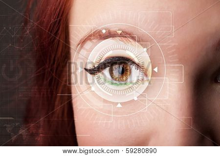 Modern cyber girl with technolgy eye looking