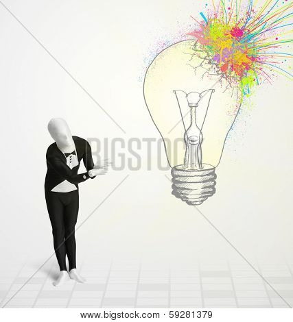 3d human character is body suit morphsuit looking at abstract colorful lightbulb