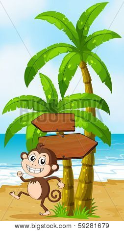 Illustration of a beach with a monkey playing near the palm trees with arrowboards