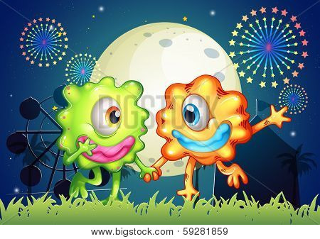 Illustration of the two monsters at the carnival under the bright fullmoon