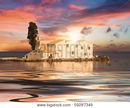 Sunset scene of Vlacherna monastery, Kanoni, Corfu, Greece