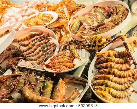 Fresh-caught Seafood, Different Types Of Shrimps