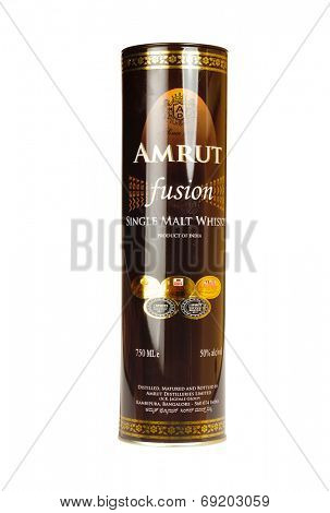 Hayward, CA - July 28, 2014: 750 ml bottle in container of AMRUT Fusion single malt whisky made in India by the Amrut Distilleries LTD., Bangalore, India 