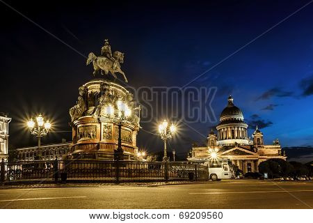 View Of Monument To Emperor  Nicholas And St Isaac's Cathedral  In St.-petersburg