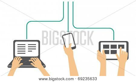 working on all types of devices - laptop, phone, tablet - vector illustration