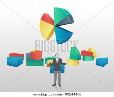 Pie chart with segments broken off and businessman standing on grey background