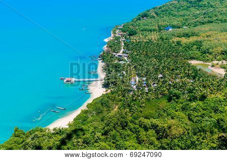 Traditional Fishing Village, Harbour, Beach And Coastline On Isle, Thailand.