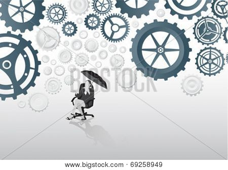Digitally generated Businesswoman in swivel chair holding umbrella under cogs and wheels