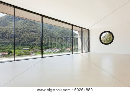 House, interior, modern architecture, wide room, view from window