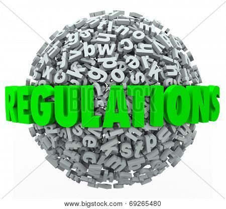 Regulations word in green 3d letters on a ball or sphere of letters illustrating the overwhelming number of confusing laws and rules you must follow