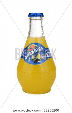 ZAGREB, CROATIA - JULY 24, 2014: Orangina, orange pulp, a small bulbous bottle and a vivid logo. It's indicative of the fruit, sunshine and Mediterranean origins behind this unique French soft drink.