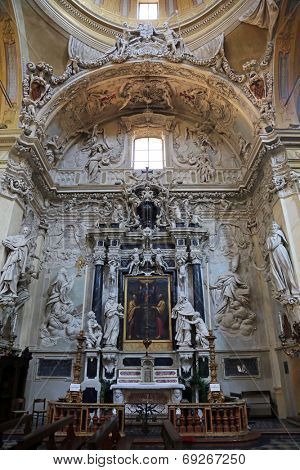 PARMA, ITALY - MAY 01, 2014: Virgin Mary with child Jesus and Saints, altar in the church of Saint Vitale. The church of St Vitale is located in the historic center of Parma, not far from City Hall