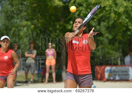 MOSCOW, RUSSIA - JULY 19, 2014: Lady Correa of Venezuela in the match against Russia during ITF Beach Tennis World Team Championship. Russia won 2-1