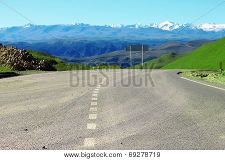 Mountain Highway And Landscape. North Caucasus Travel.