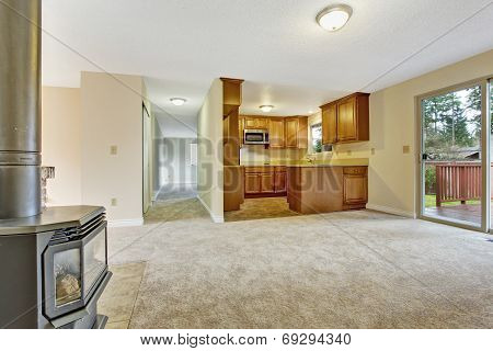 Empty House Interior. Living Room With Kitchen Area