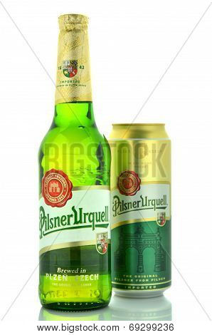 Pilsner Urquell pale lager beer isolated on white