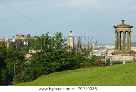 Edinburgh skyline and Dugald Stewart Monument as seen from Calton Hill