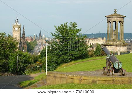 Edinburgh skyline and Dugald Stewart Monument as seen from Calton Hill