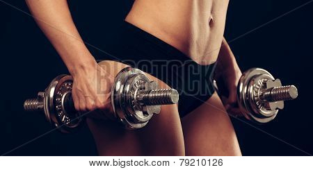 Attractive Young Woman Working Out With Dumbbells - Bikini Fitness Girl With Healthy Lifestyle And P
