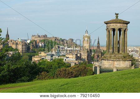 Edinburgh skyline and Dugald Stewart Monumentas seen from Calton Hill