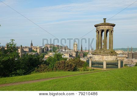 Edinburgh skyline and Dugald Stewart Monumentas seen from Calton Hill