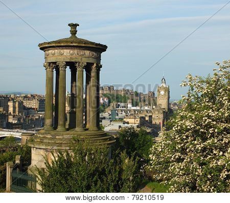 Edinburgh skyline and Dugald Stewart Monumentas seen from Calton Hill