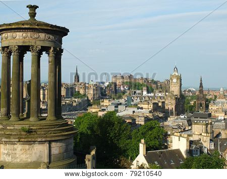 Edinburgh skyline and Dugald Stewart Monumentas seen from Calton Hill
