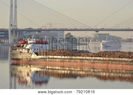 Cargo Ship And Cable-braced Bridge