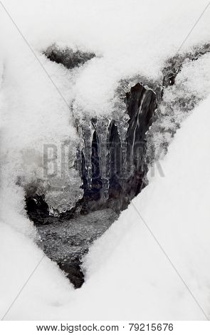 Icicles, Snow And Small Stream