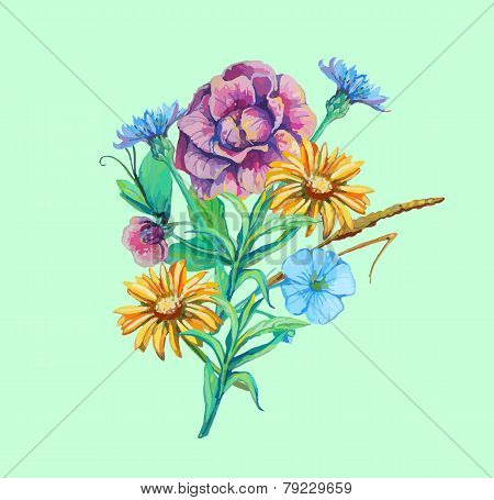 bouquet of flowers camomile, cichorium, forget-me-not in waterco