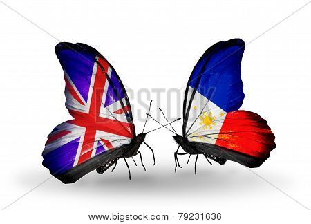 Two Butterflies With Flags On Wings As Symbol Of Relations Uk And Pilippines